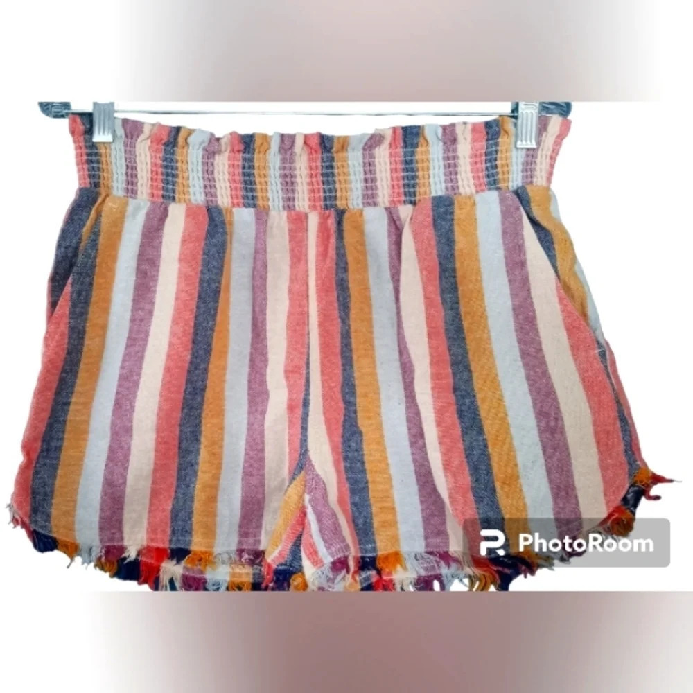 True Craft Linen Blend Striped Pull On Shorts Size Small Fringe Trim